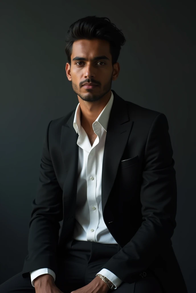 In the bright room, a young man sits confidently in a black blazer and white shirt.   Style like a Hero.   The lighting is cinematic, casting a soft shadow on her face, creating a sleek business profile look.  Solit dark gray background, urban appearance age 21, Bangladeshi