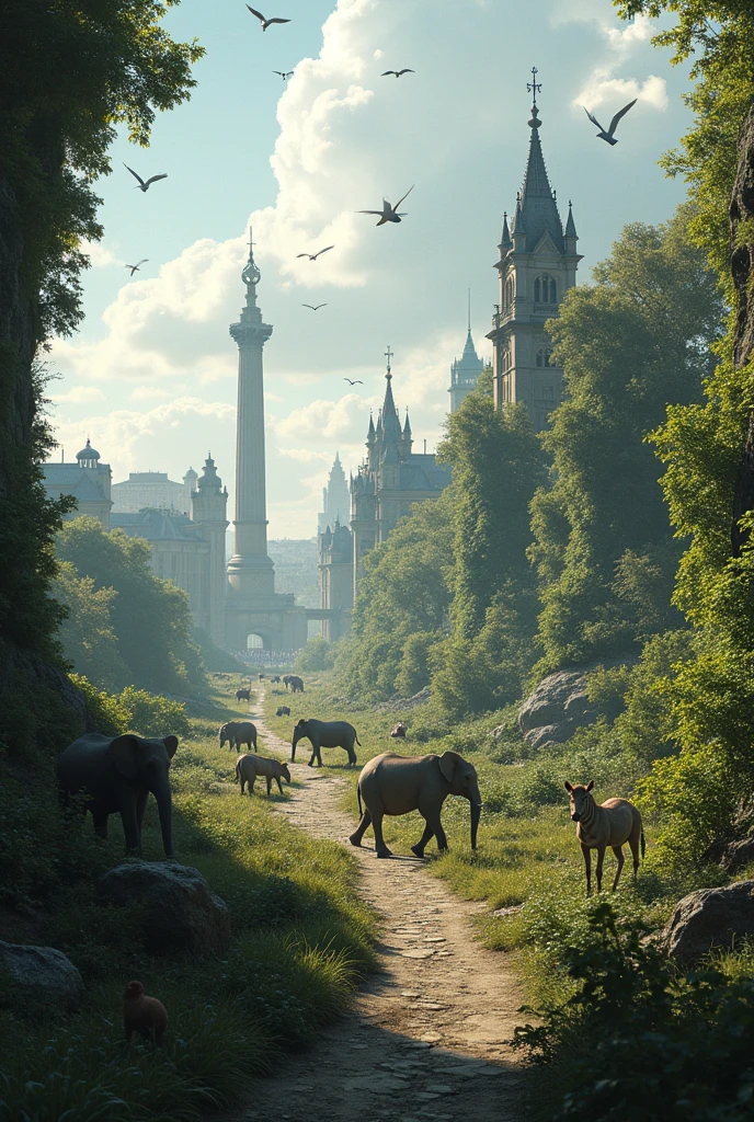 Apocalyptic  london trafalgar view 
from far away
 surrounded site plants and lots of birds and other animals like monkeys,elephants,zebras with no mankind. It should be in a story imagination 

