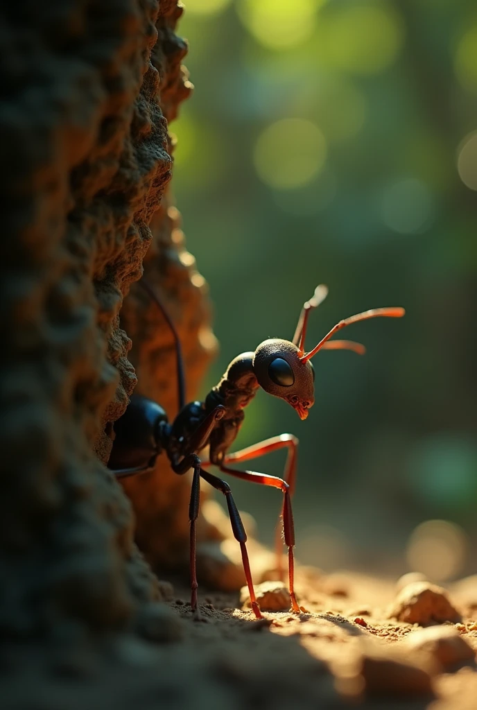 -up of Nazi, a tiny ant, observing Hemant from a hidden corner. She looks thoughtful and determined as she quietly begins to devise a plan.

Narration: “Amidst the silence, a tiny ant named Nazi watched with determination. Despite her small size, she was clever and knew that wisdom and intelligence were just as vital as strength.”