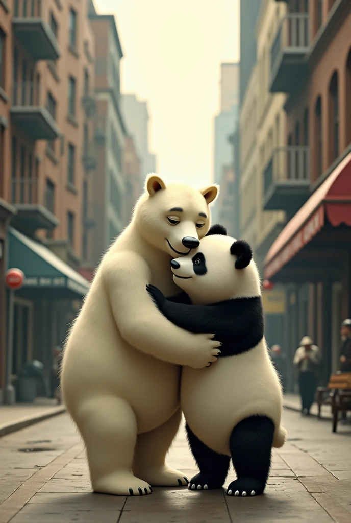 polar bear stands hugging panda at full height like close friends in chicago in the 30s