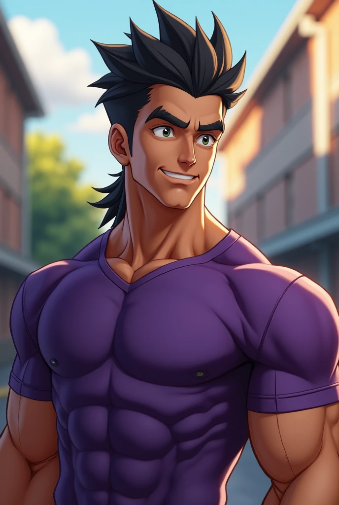 realistic styling +Young man+ stark+ with a serious appearance but subtle touches of happiness+ dark shaped eyes+ medium and black hair+ corte mullet + tanned white skin+ athletic physique between meso and ecto morph+ well-defined medium lips+ with purple compression shirt that clings well to the muscles + background academy