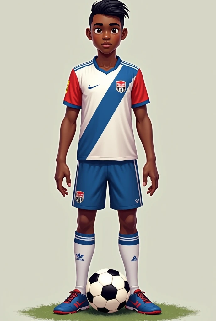 Create a white and navy blue soccer uniform, with pink and gold details