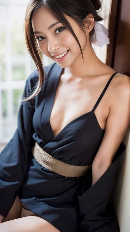 Beautiful girl, sexy girl, smile, Charcoal hair, hair tied up , long hair, sexy kimono lingeries, small and perky breasts,