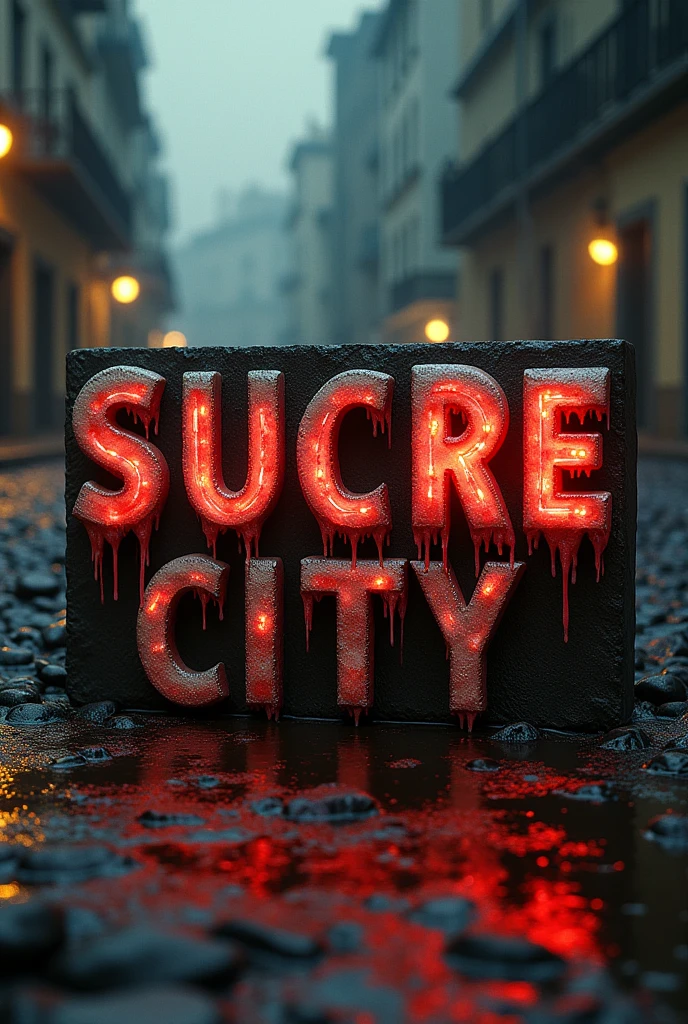 An image that says Sucre city in cream and red letters, the damned of Sucre
