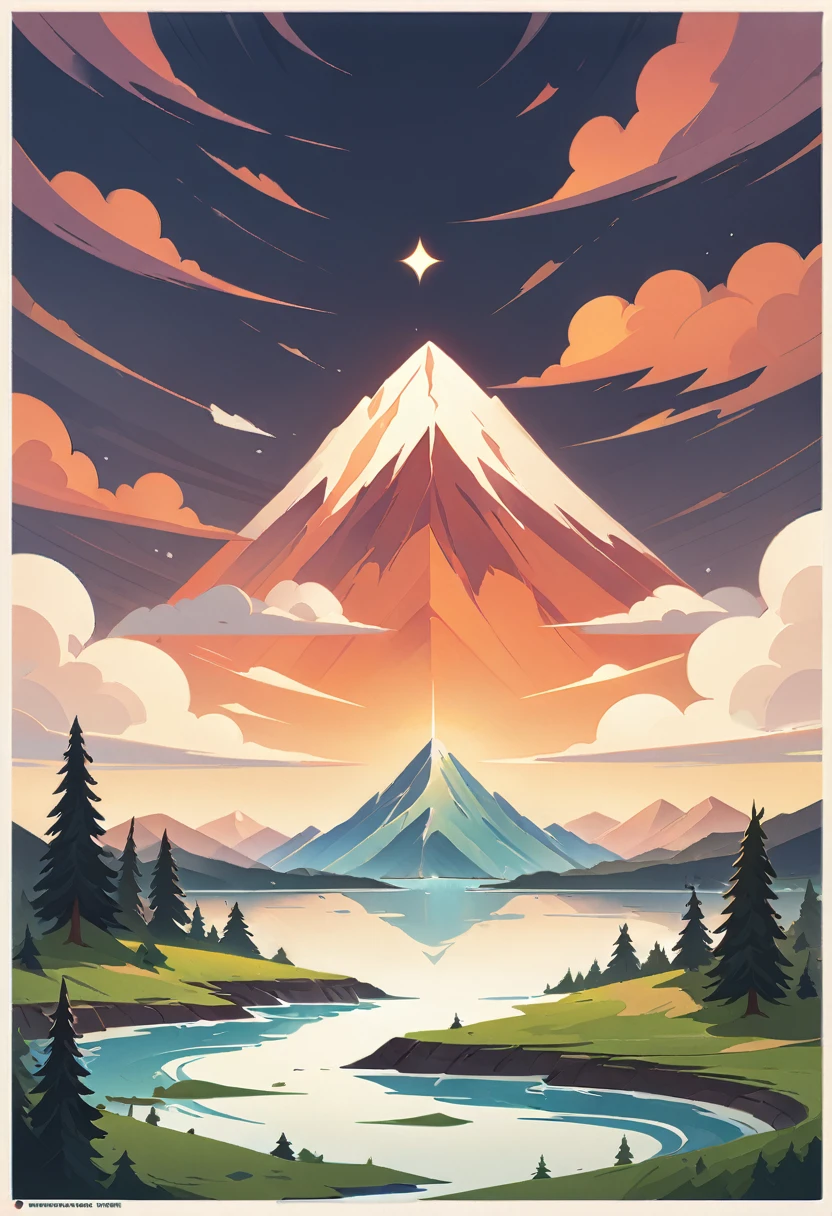 impressive painting of a mountain with trees and water, a detailed painting by Petros Afshar, shutterstock contest winner, environmental art, detailed painting, outlined art, 2d game art, isolated background for logo, strong contours, logo design