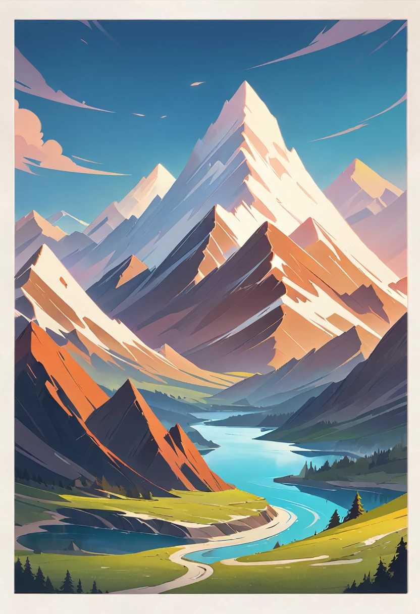 impressive painting of a mountain with trees and water, a detailed painting by Petros Afshar, shutterstock contest winner, environmental art, detailed painting, outlined art, 2d game art, isolated background for logo, strong contours, logo design
