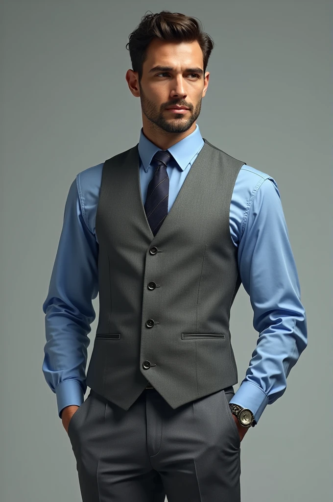 Dusty blue shirt with grey trousers and vest 