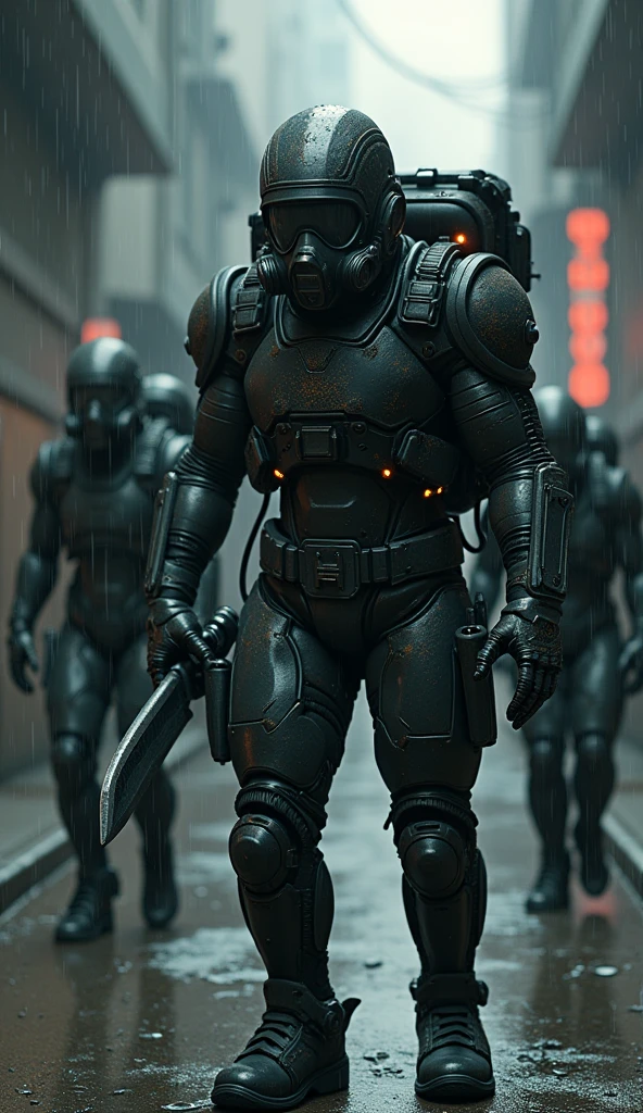 (Highest quality), future, (((Lots of girls))), look for viewer, black exoskeleton asymmetrical suit with backpack as 蟹, massive hands, Led, Gas mask, (((angry))) suspicious light emitting gargle, holding blade, mechanical, Fine tube, Electronic components, A body that reflects light, Troopers, White front cover, (((detailed dirt))) on body, in rain, Narrow Alley, (((from above))), Digital Sculpture, super High resolution, absurdists, Deep shine effect, High resolution, Particles of light, Cinema Lighting, Depth of written boundary,