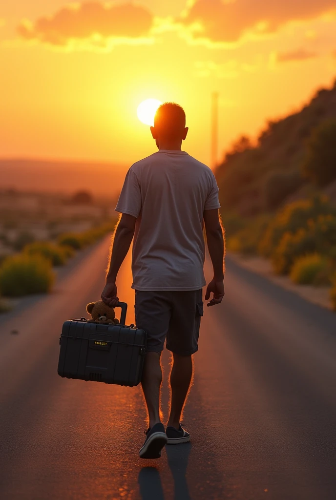 39 year old Venezuelan man carrying a wheeled Stanley toolbox walking facing the sun on a straight asphalt road, on one side desert and on the other side green vegetation leading to the sunset and in the box a small brown teddy bear