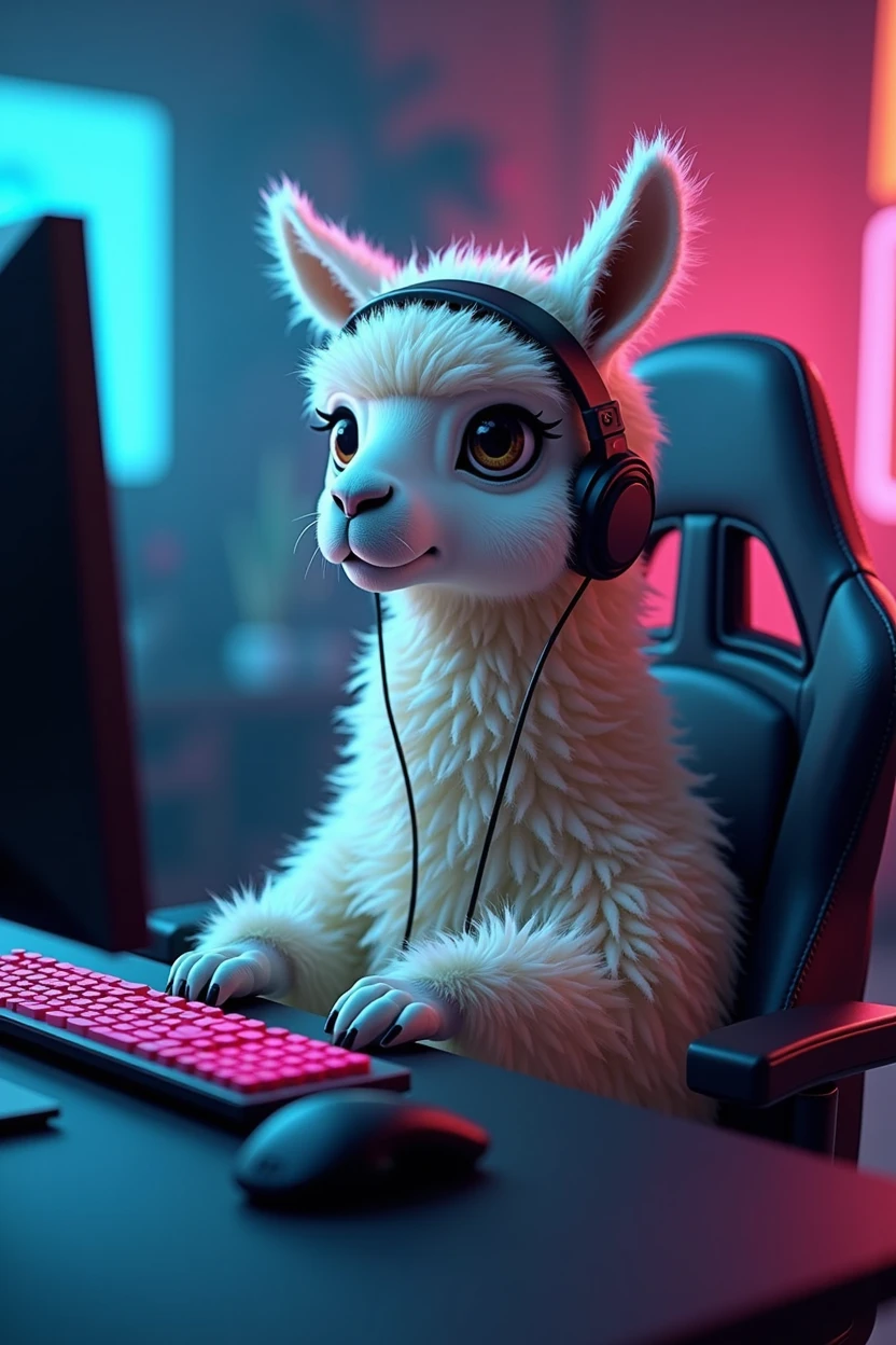 llama sitting in gaming chair , with headband ,playing on pc