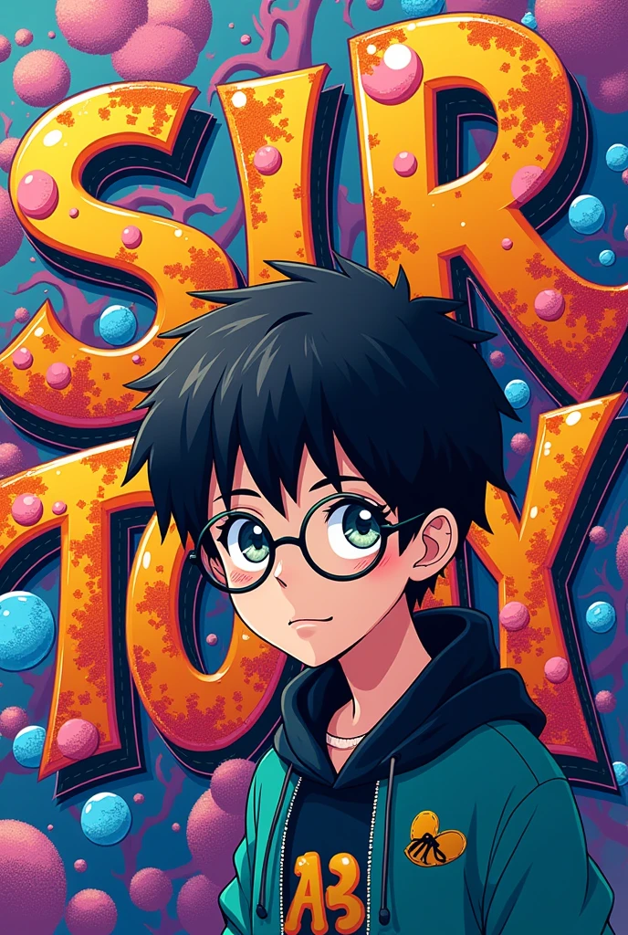 Graffiti letters that say "SirTony" with teenager in black circular glasses anime background