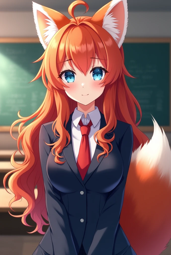 Female anime character with very curly long red hair, ears and tail of a red panda, with blue eyes wearing the UA uniform and in the background he is in a UA class