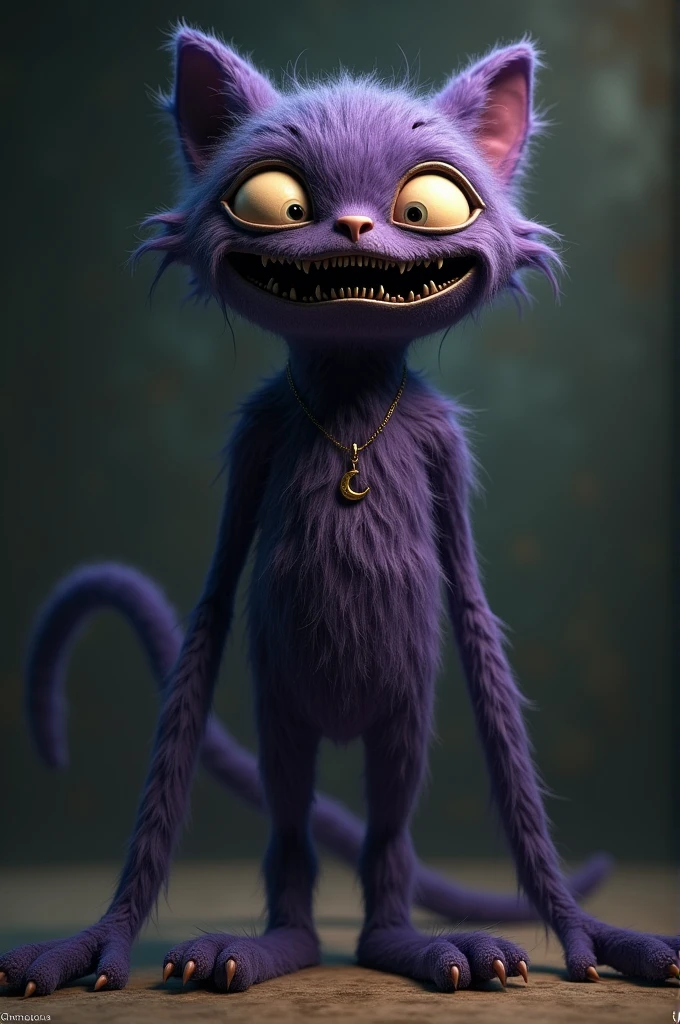 Create a detailed and eerie character resembling Catnap from Zoonomaly. The character should have a surreal and unsettling appearance, with long, exaggerated limbs and dark purple fur that appears slightly matted and stitched together. The face features a wide, haunting grin with a gaping black mouth, and large, glowing eyes that give off an otherworldly vibe. Around its neck, a crescent moon pendant should hang, adding to its mysterious aura. The background should be dimly lit, enhancing the character's creepy and whimsical nature
