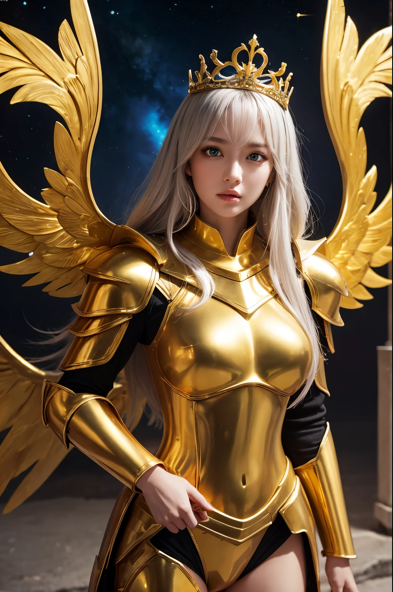 Ultra HD、Ultra-clear、Beautiful Face、Covered entirely in golden armor、Holy warrior in golden armor、Mechanical Golden Wings、Golden Tiara、Golden armor covered in sculptures、Dragon-inspired armor、Heavy golden armor、blue eyes、Blonde、Braided Hair、Big Breasts、beautiful sword、Outer space background、