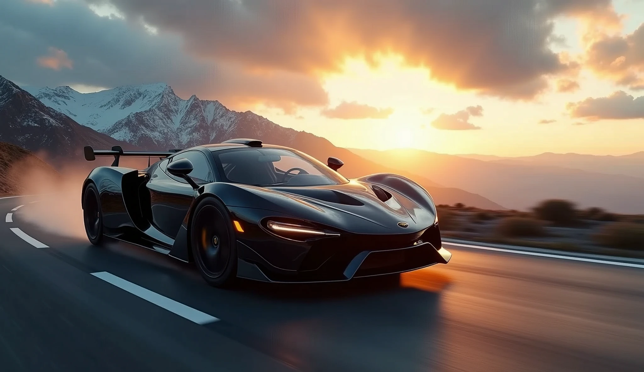 a black supercar speeding through the mountains, cinematic composition, professional photography, dramatic lighting, highly detailed, photorealistic, 8k, ultra-detailed, volumetric fog, dramatic clouds, winding road, snow-capped peaks, golden hour lighting, glowing sunset, reflections on the car body, dynamic motion blur, intricate details, luxurious interior, powerful engine, sleek aerodynamic design, (best quality,4k,8k,highres,masterpiece:1.2),ultra-detailed,(realistic,photorealistic,photo-realistic:1.37)