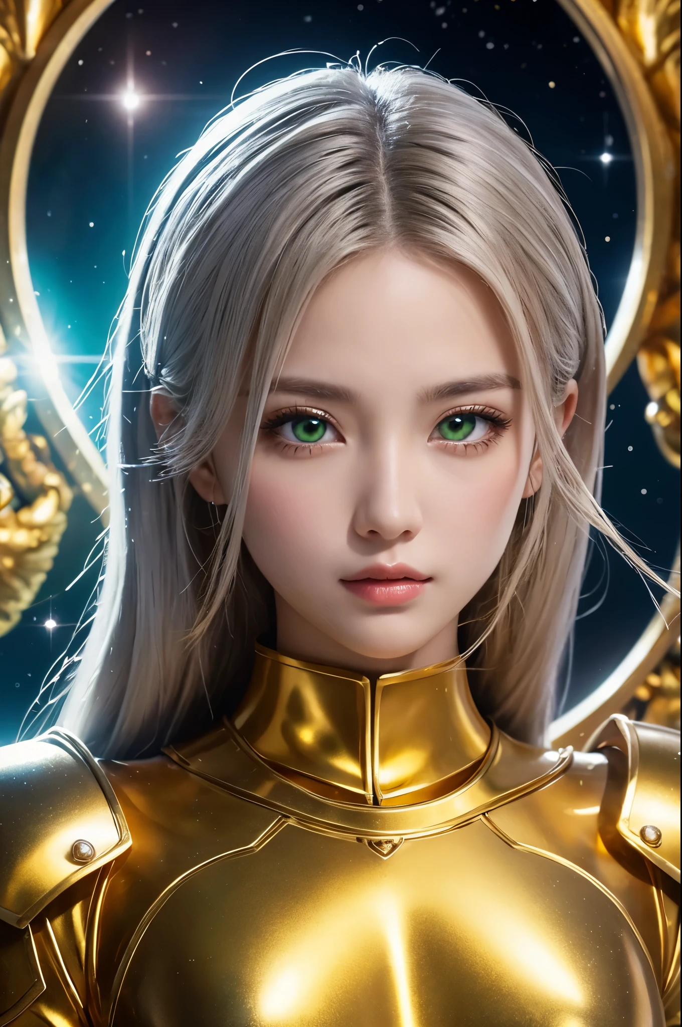 Ultra HD、Ultra-clear、Beautiful Face、Pegasus Warrior、Covered entirely in golden armor、Holy knight in golden armor、Golden Tiara、Golden armor covered in sculptures、Heavy golden armor、crystal clear green eyes、Silver Hair、Big Breasts、Outer space background、