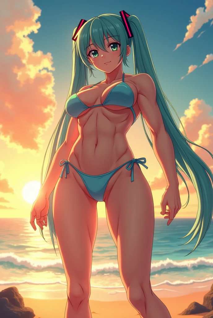 , cute Wendy Marvell, sweet face, blushing cheeks, blue hair in pigtails, small string bikini with little coverage, thong bikini, very large glutes, large muscles, muscular physique, ribbons, very wide hips, bodybuilder muscles, showing off glutes, back turned, wide back, largest and fullest glutes possible, abnormally large glutes, round glutes