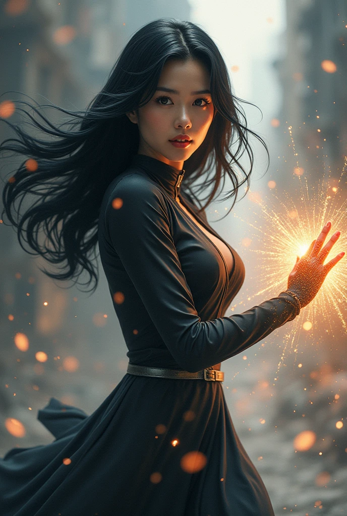 A female original character beautiful, mid long black hair, asian , use the power to control time and she is really strong