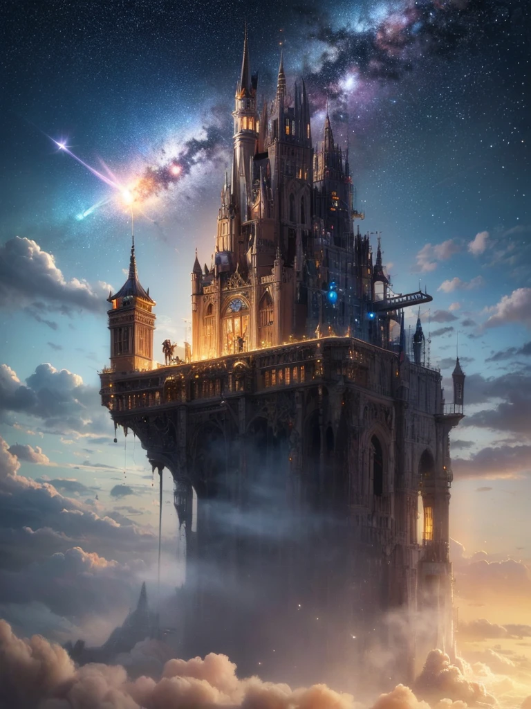 (8k, highest quality, masterpiece, final fantasy style: 1.2), (unRealistic, photoRealistic: 1.37), Dreamy landscape, Fantasy, Unsurreal landscapes, Super detailed, Flying metallic futuristic Castle, Floating Island in the Sky, Seven-colored swirl of light, Intense lightning, milky way, Complex Light, Colored light, Large Lake, Starry sky reflected on the lake surface, Countless shining stars, Meteors, Reflections , (A pillar of light emanated from the ground:1,2), roses and orchids gardens , sunset, pink clouds, waterfalls in the sky, realistic style, Hyperrealism drawing, a flying pirate spaceship floating at the clouds level, burning skyscrapers, cyborgs, timeless realms , floating ships, casting spell, healing light magic effect, in a magical lagoon of the fairyland, crystal clear water surface reflections, sharp focus, looking at viewer, (close-up:0.9), (bright white theme:1.2), (bright white tone:1.2), (deep blue tone:1.3), realistic, Hyperrealism,vivid colours , cyborgs, metallic devices, science fiction themes