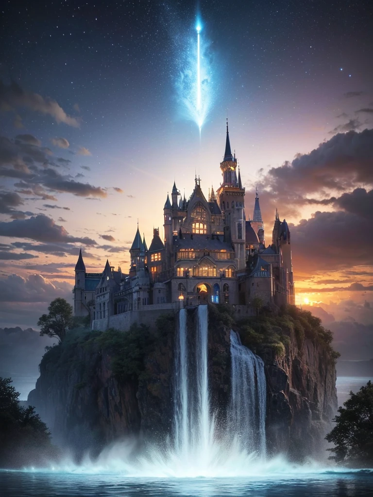 (8k, highest quality, masterpiece, final fantasy style: 1.2), (unRealistic, photoRealistic: 1.37), Dreamy landscape, Fantasy, Unsurreal landscapes, Super detailed, Flying metallic  futuristic Castle, Floating Island in the Sky, Seven-colored swirl of light, Intense lightning, milky way, Complex Light, Colored light, Large Lake, Starry sky reflected on the lake surface, Countless shining stars, Meteors,  Reflections , (A pillar of light emanated from the ground:1,2), roses and orchids gardens , sunset, pink clouds, waterfalls in the sky, realistic style, Hyperrealism drawing, a flying pirate spaceship floating at the clouds level, burning skyscrapers, cyborgs, timeless realms , floating ships,  casting spell, healing light magic effect, in a magical lagoon of the fairyland, crystal clear water surface reflections, sharp focus, looking at viewer, (close-up:0.9), (bright white theme:1.2), (bright white tone:1.2), (deep blue tone:1.3), realistic, Hyperrealism,vivid colours , cyborgs, metallic devices, science fiction themes 