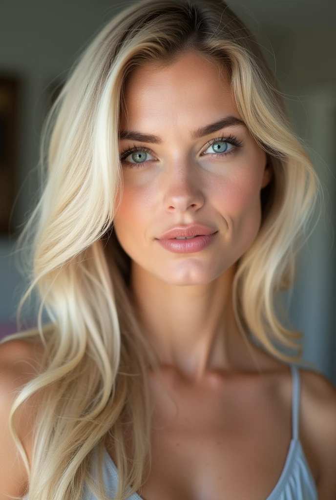 ((BLONDE)), ((BIGGER BREASTED)), (Pretty face), (structured jaw line), (Beautiful Woman), White, woman, blue eyes, her name is Pam, , cute nose, plump lips