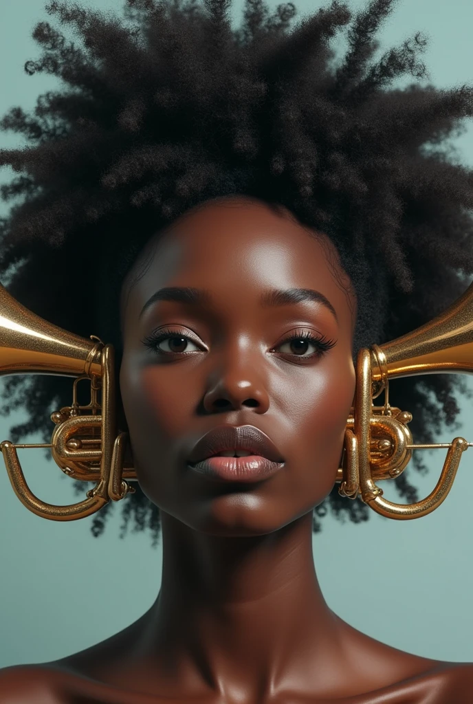 Realistic 3d images of a trumpet in a black woman's ears, to wake him up.