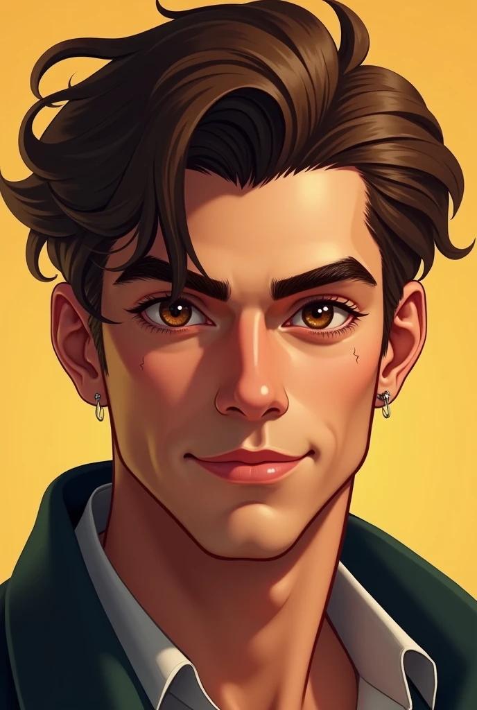 her hair is brown, medium length and wavy. She has brown eyes and a piercing in her ear. His personality is outgoing and energetic, so his expression can also be lively and friendly. male and handsome. sharp facial features