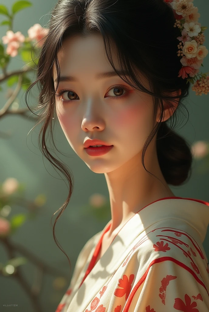 An elegantly dressed Japanese woman in natural light、A close-up of her chest and calm expression.、It shows her inner peace and outer charm.。