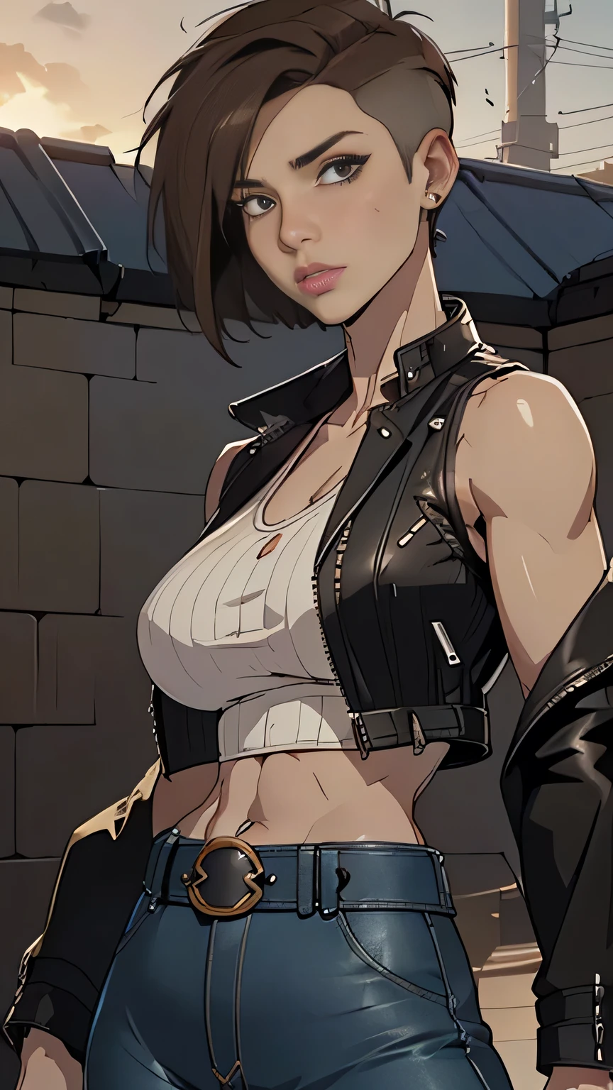 muste piece, best quality, 1 girl,brown hair, (black eye:1.2),((((Upper body naked))))、((first round))、((embarrassed expression))、((full moon))、((Photo from below))、(((thigh high boots)))、((short hair))、((Black Long Gloves))、((black panties))、((C cup breasts))、((Jill Valentine))