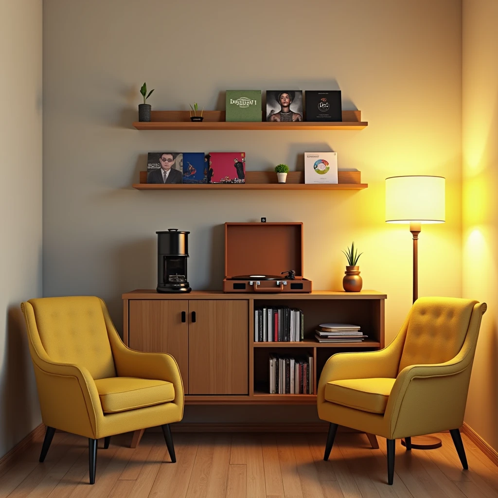 Create a realistic image of a corner in an apartment with a simple sideboard with a machine ,café, a coffee capsule holder, a French press and a brown suitcase-shaped record player, it is open with a disc. On top there are thin shelves with front discs, there are two shelves one on top of the other, each shelf has 3 discs next to each other, disco do Queen, do Linkim Park, Foi Fighters , gilberto gil, U2 and Elis Regina. Also on the sideboard, Na parte de baixo, has niches with books. In front of the sideboard there are two yellow armchairs and a floor lamp with yellow light..