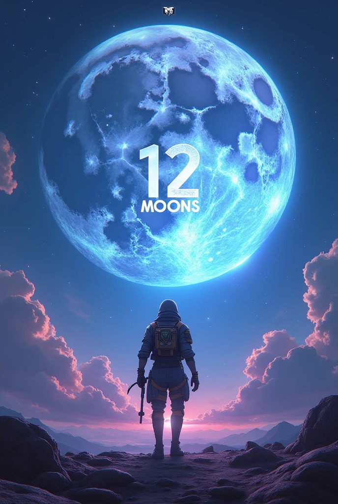 Design me a moon that says 12 MOONS in handwriting next to a character with a skull mask with 3D braids


