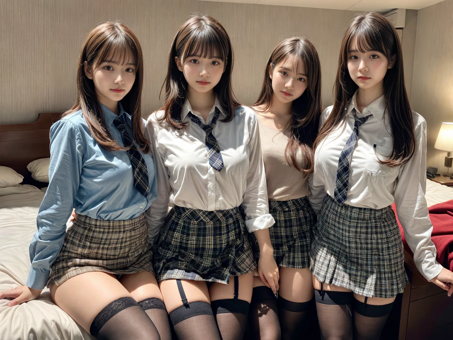 masterpiece, best quality, illustration, Super detailed, fine details, High resolution, 8K,wall paper, perfect dynamic composition,(Details High quality, realistic depiction of eyes:1.3), (3 girls), (white school shirt :1.2), (plaid skirt :1.3), tie black, black thigh-high stockings, sitting, open legs, short bob hair, in a hotel room in the background, deep on field, large breasts, black hair color, Big Natural Color Lip, (perfect body shape), crying a little、Harajuku style、20 year old girl、cute type、beautiful legs, Gravure Idol