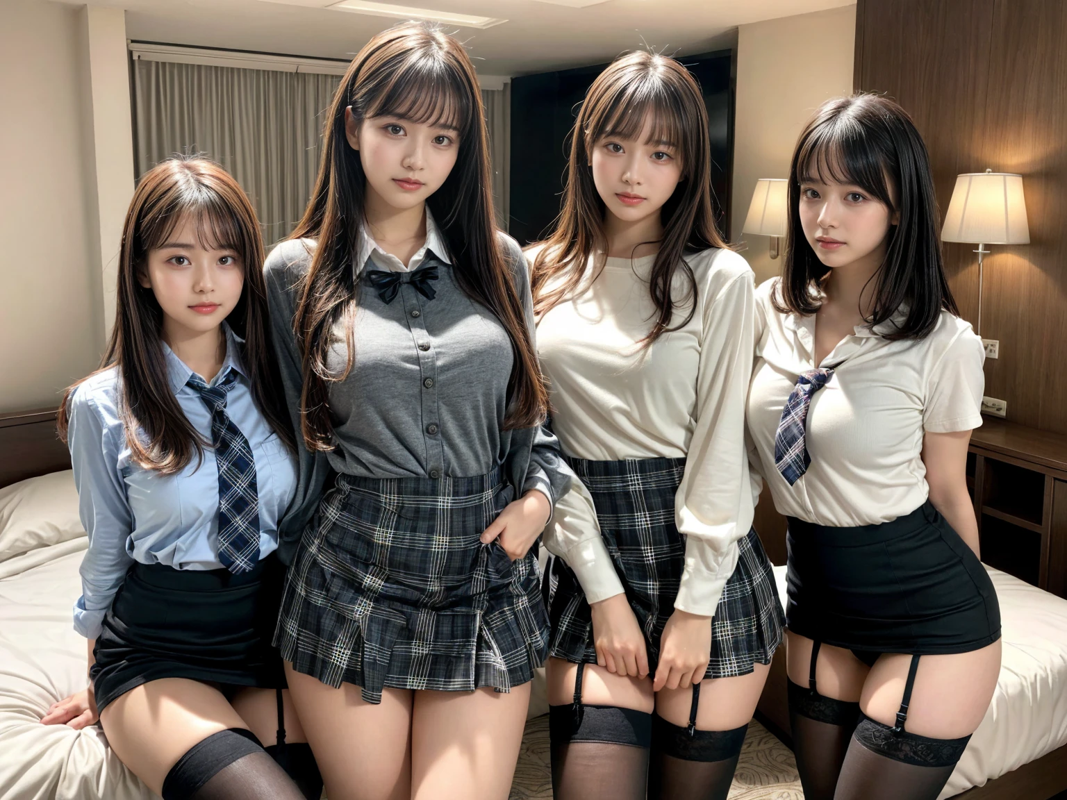 masterpiece, best quality, illustration, Super detailed, fine details, High resolution, 8K,wall paper, perfect dynamic composition,(Details High quality, realistic depiction of eyes:1.3), (3 girls), (white school shirt :1.2), (plaid skirt :1.3), tie black, black thigh-high stockings, sitting, open legs, short bob hair, in a hotel room in the background, deep on field, large breasts, black hair color, Big Natural Color Lip, (perfect body shape), crying a little、Harajuku style、20 year old girl、cute type、beautiful legs, Gravure Idol
