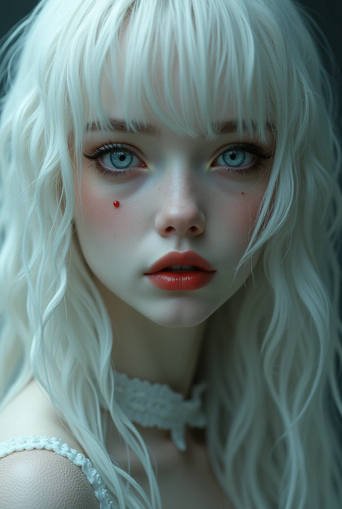 SHE IS A WOMAN, had white eyes and hair, long eyelashes, little red lips, very white complexion, exquisite faces, but lacking in explanation