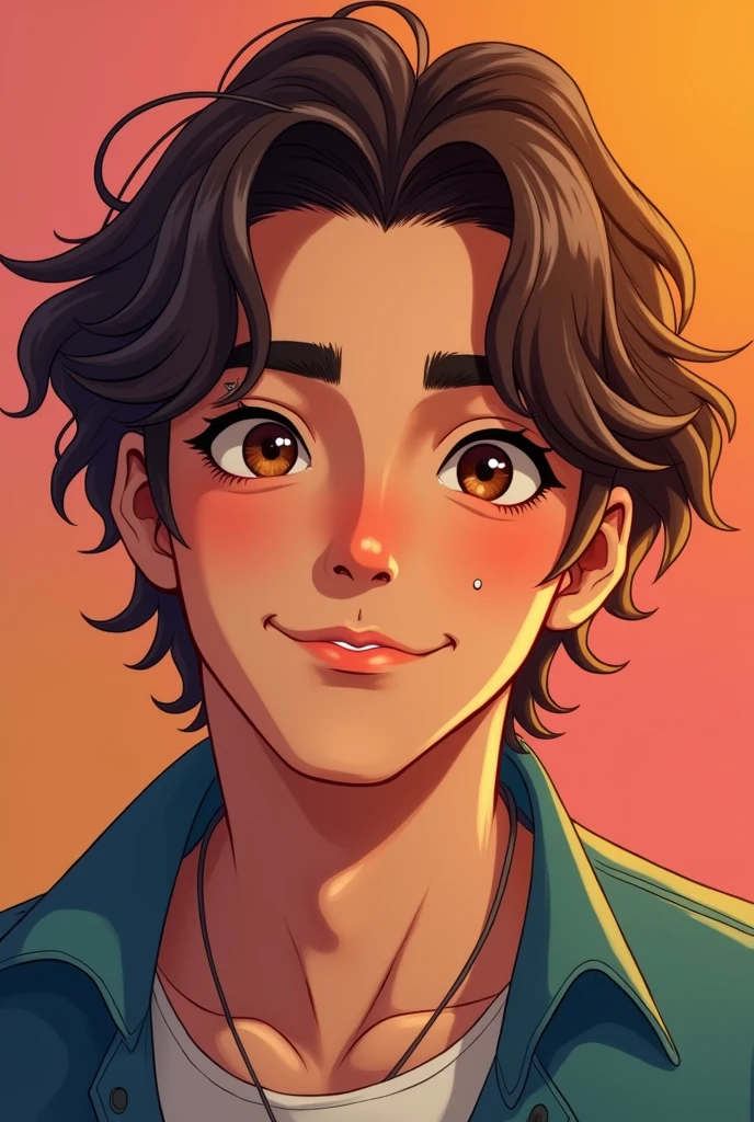 her hair is brown, medium length and wavy. She has brown eyes and a piercing in her ear. His personality is outgoing and energetic, so his expression can also be lively and friendly. male and handsome.