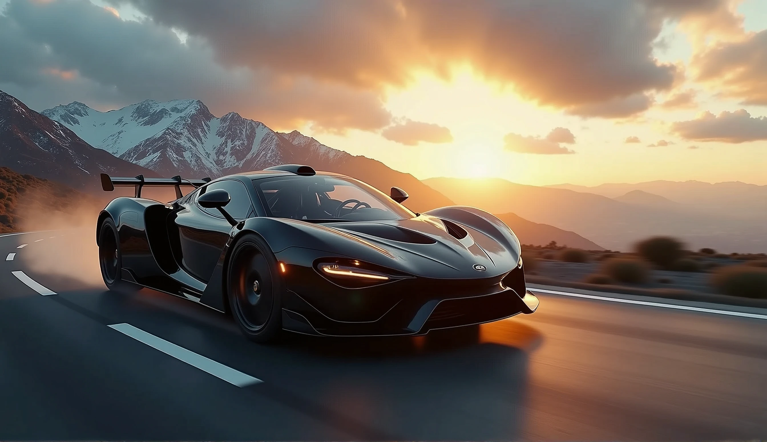 a black supercar speeding through the mountains, cinematic composition, professional photography, dramatic lighting, highly detailed, photorealistic, 8k, ultra-detailed, volumetric fog, dramatic clouds, winding road, snow-capped peaks, golden hour lighting, glowing sunset, reflections on the car body, dynamic motion blur, intricate details, luxurious interior, powerful engine, sleek aerodynamic design, (best quality,4k,8k,highres,masterpiece:1.2),ultra-detailed,(realistic,photorealistic,photo-realistic:1.37)