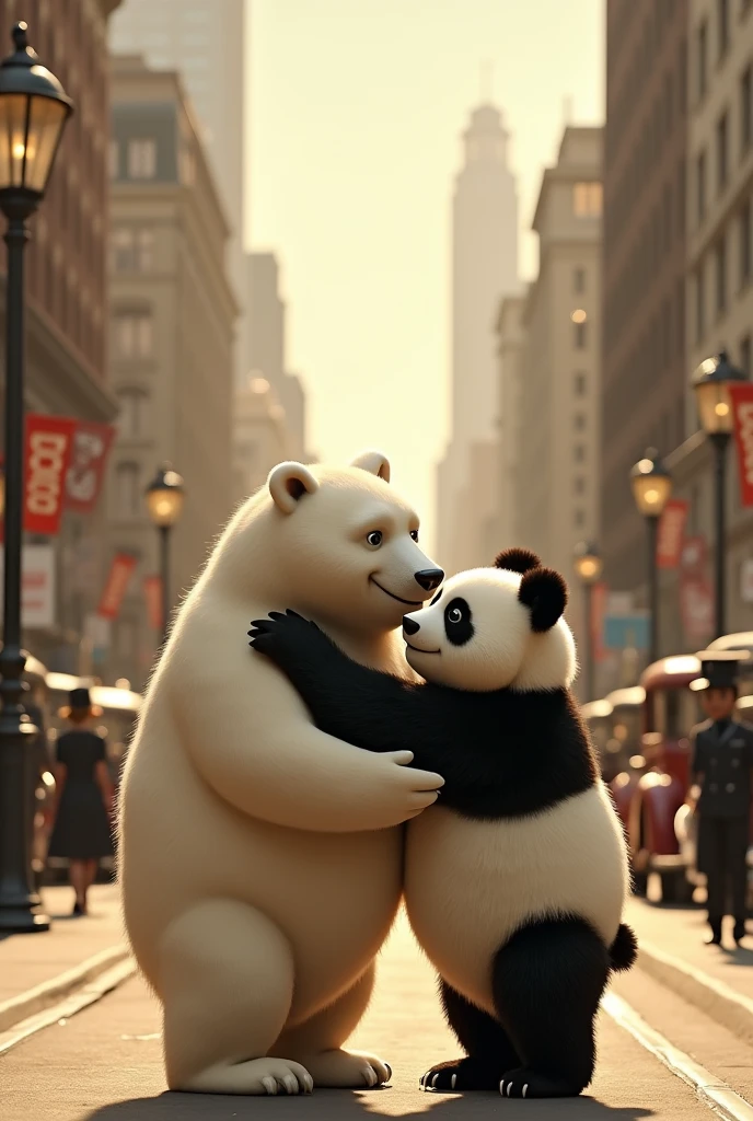 polar bear stands hugging panda at full height like old friends on the streets of chicago in the 30s