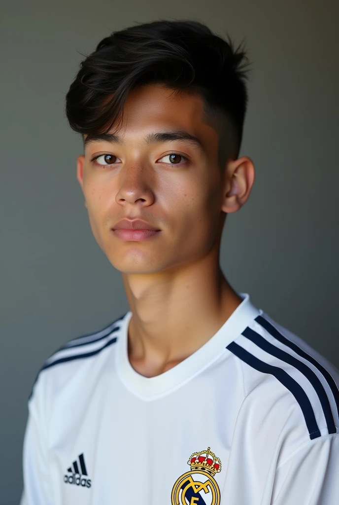 Create a photo of a 17 year old teenager with black hair and brown eyes who is wearing a Real Madrid football club t-shirt, create as realistic as possible