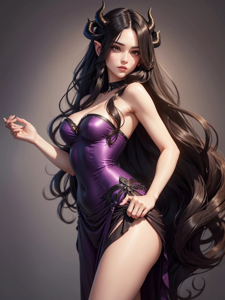 a very beautiful, attractive, slender woman, long wavy black hair, dark greenish brown eyes, wearing a short dark purple dress with a wide strapless neckline, black angel wings with pointed details, short horns,