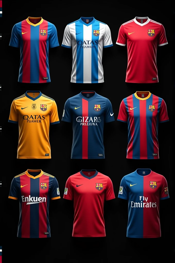 Shirts of all the teams Messi has been in, arranged in three rows of three t-shirts on a black background