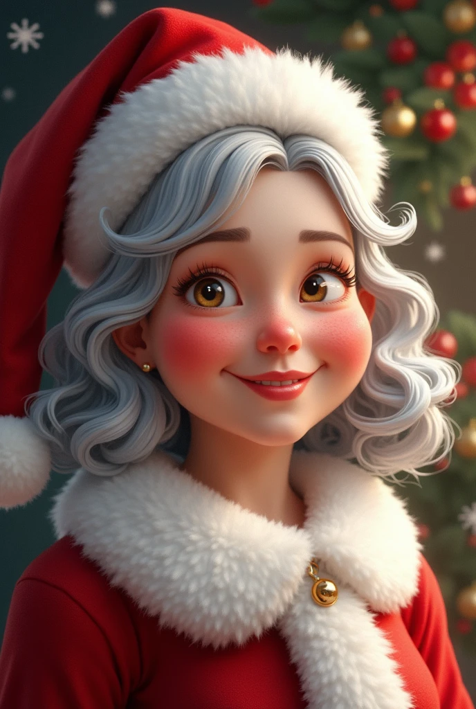 "Create a detailed portrait of Mrs. Claus. She should have a warm and friendly expression, with kind eyes and a gentle smile. Her face is slightly round, with rosy cheeks that show the warmth and joy of the holiday season. She has silver-white hair styled in soft curls, possibly peeking out from under a traditional red Santa hat trimmed with white fur. Her eyes should reflect wisdom and kindness, perhaps with a twinkle of festive spirit. Include subtle holiday elements, like holly or snowflakes, as part of her clothing or background."