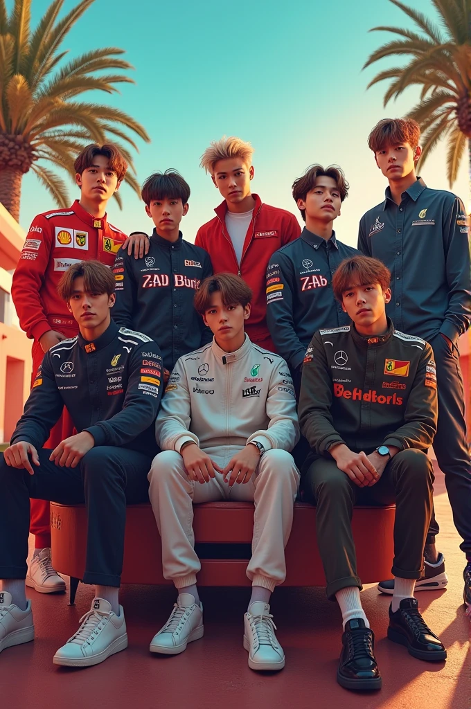 Generate an image with the members of bts, charls leckler, tom holland and zac efron