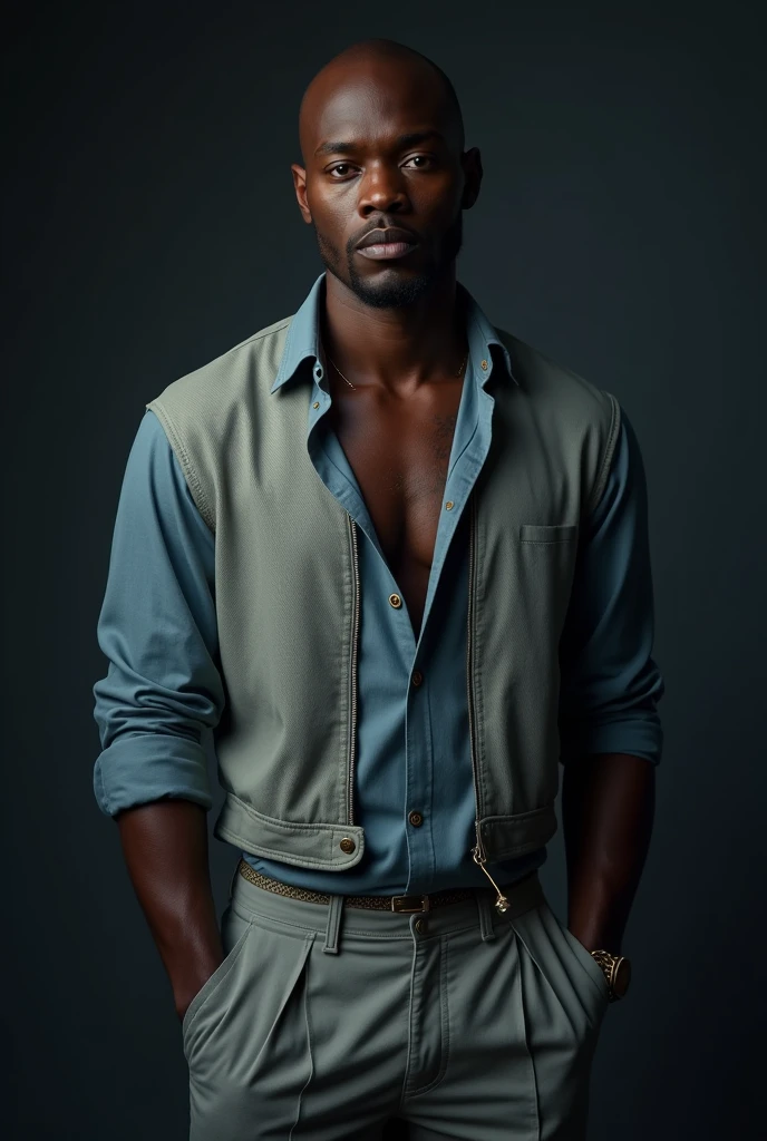 Dark skin guy wear Dusty blue shirt with light grey trousers and vest
t