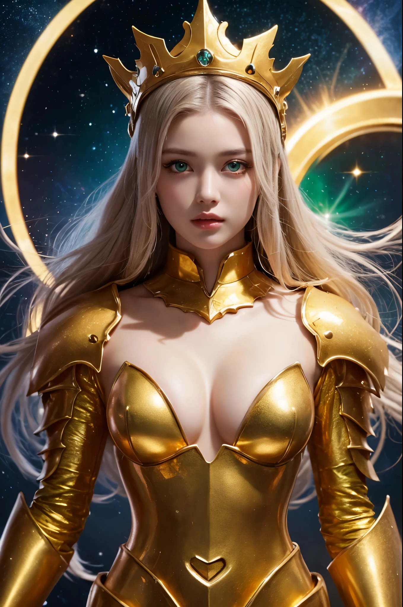 Ultra HD、Ultra-clear、Beautiful Face、Leo Warrior、Covered entirely in golden armor、Holy knight in golden armor、Golden Tiara、Golden armor covered in sculptures、Heavy golden armor、crystal clear green eyes、Silver Hair、、Outer space background、