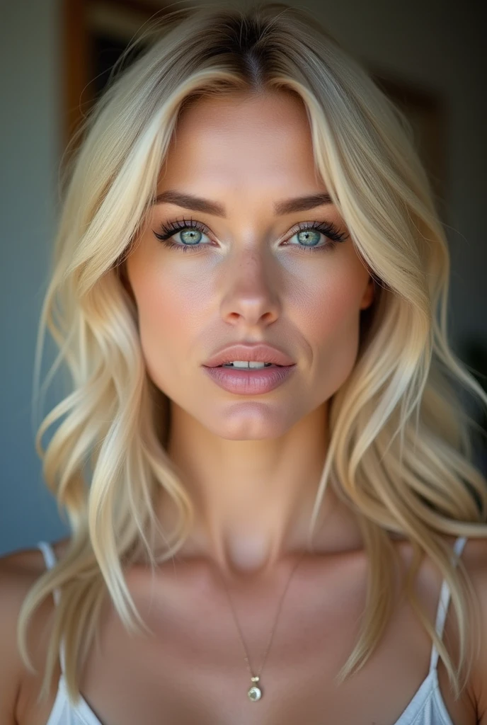 ((BLONDE)), ((BIGGER BREASTED)), (Pretty face), (structured jaw line), (Beautiful Woman), White, woman, blue eyes, her name is Pam, , cute nose, plump lips, age 35