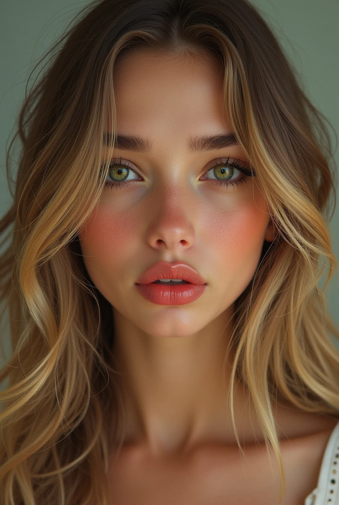 A Brazilian woman, 18-years old, dark green eyes, hair blonde, long and wavy. Delicate face but with gentle features and eyes. pouting