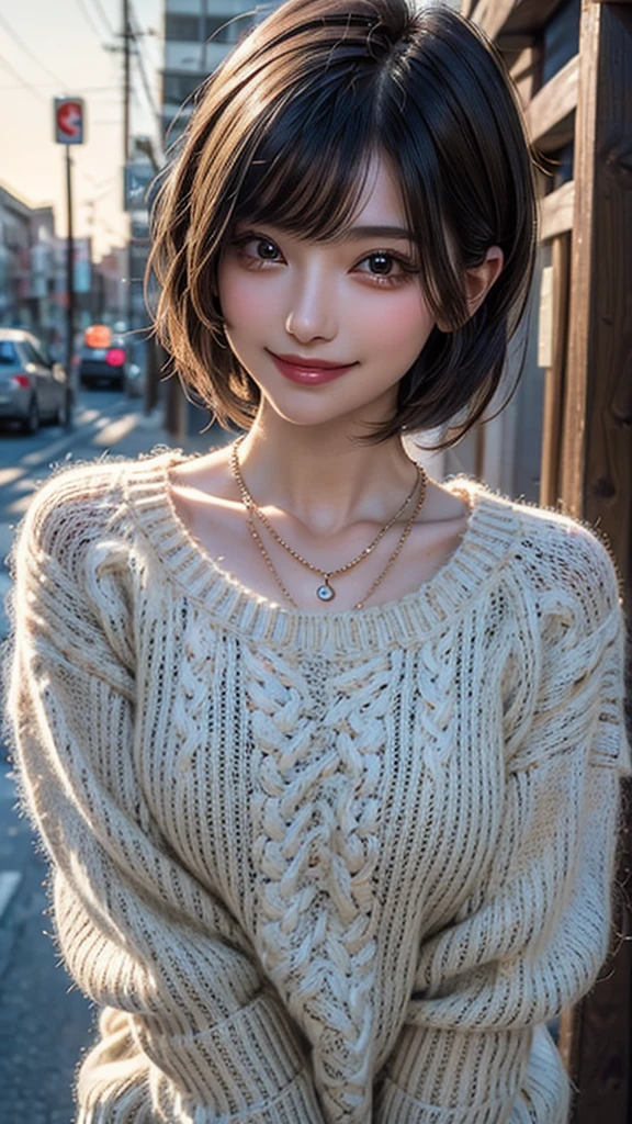 ((Beautiful Face:1.2)), (Purelos Face_v1: 1.0), (Highest quality, 8k, 32K, masterpiece, Ultra-high resolution:1.2),Beautiful Japanese Women Photos, Large Breasts, Very short bob hair,Upper Body,(Extra Large_sweater,:1.2) necklace, Simple Background, Look around,((smile))