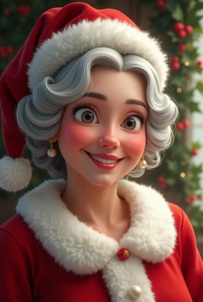 "Create a detailed portrait of Mrs. Claus. She should have a warm and friendly expression, with kind eyes and a gentle smile. Her face is slightly round, with rosy cheeks that show the warmth and joy of the holiday season. She has silver-white hair styled in soft curls, possibly peeking out from under a traditional red Santa hat trimmed with white fur. Her eyes should reflect wisdom and kindness, perhaps with a twinkle of festive spirit. Include subtle holiday elements, like holly or snowflakes, as part of her clothing or background."