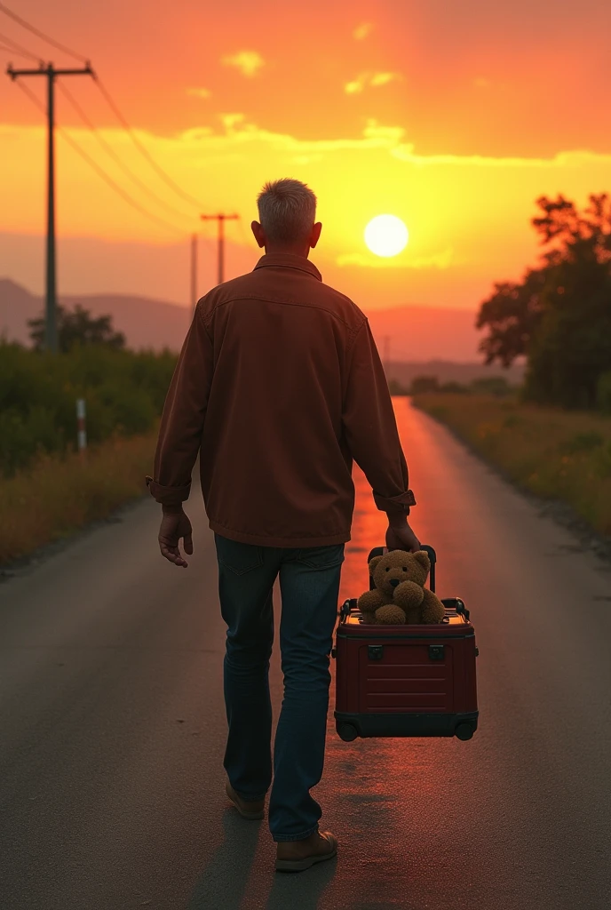 37-year-old Venezuelan man carrying a Stanley toolbox on wheels, walking facing the sun on a straight asphalt road, on one side desert and on the other side green vegetation leading to the sunset and in the box a small brown teddy bear