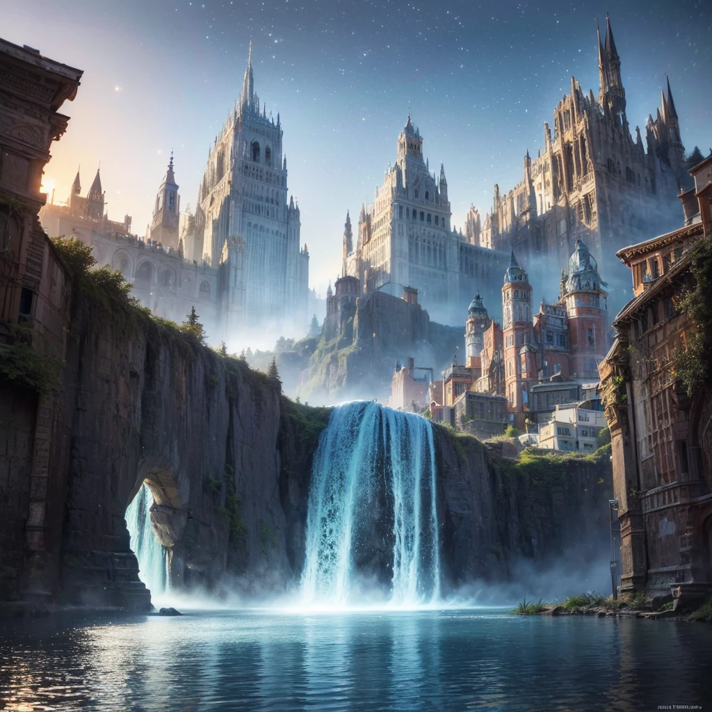 (8k, highest quality, masterpiece, final fantasy style: 1.2), (unRealistic, photoRealistic: 1.37), Dreamy landscape, Fantasy, Unsurreal landscapes, Super detailed, Flying metallic futuristic Castle, Floating Island in the Sky, Seven-colored swirl of light, Intense lightning, milky way, Complex Light, Colored light, Large Lake, Starry sky reflected on the lake surface, Countless shining stars, Meteors, Reflections , (A pillar of light emanated from the ground:1,2), roses and orchids gardens , sunset, pink clouds, waterfalls in the sky, realistic style, Hyperrealism drawing, a flying pirate spaceship floating at the clouds level, burning skyscrapers, cyborgs, timeless realms , floating ships, casting spell, healing light magic effect, in a magical lagoon of the fairyland, crystal clear water surface reflections, sharp focus, looking at viewer, (close-up:0.9), (bright white theme:1.2), (bright white tone:1.2), (deep blue tone:1.3), realistic, Hyperrealism,vivid colours , cyborgs, metallic devices, science fiction themes